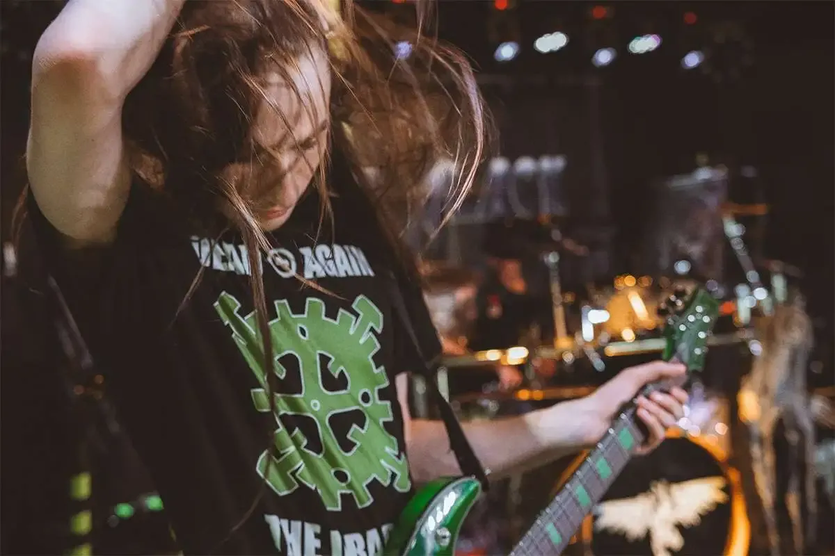 Dead Again guitarist playing the Kenny Hickey Schecter C-1 EX S signature guitar at Fish Head Cantina, Halethorpe, MD.